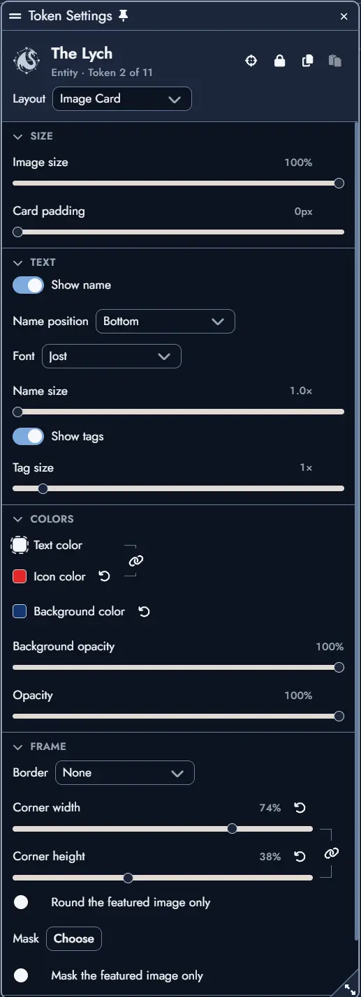 Token Settings window of a Node Token using the Image Card layout