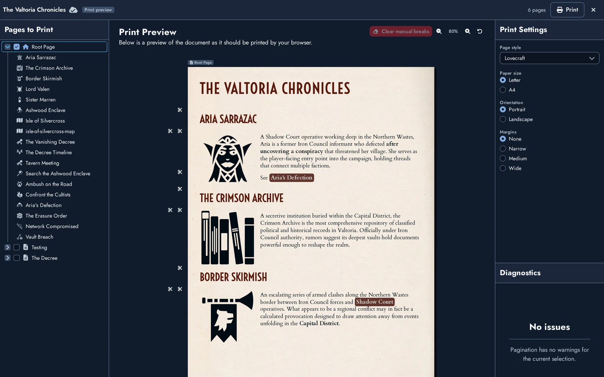 The Print Preview with the Pages to Print tree, the paginated preview and the Print Settings