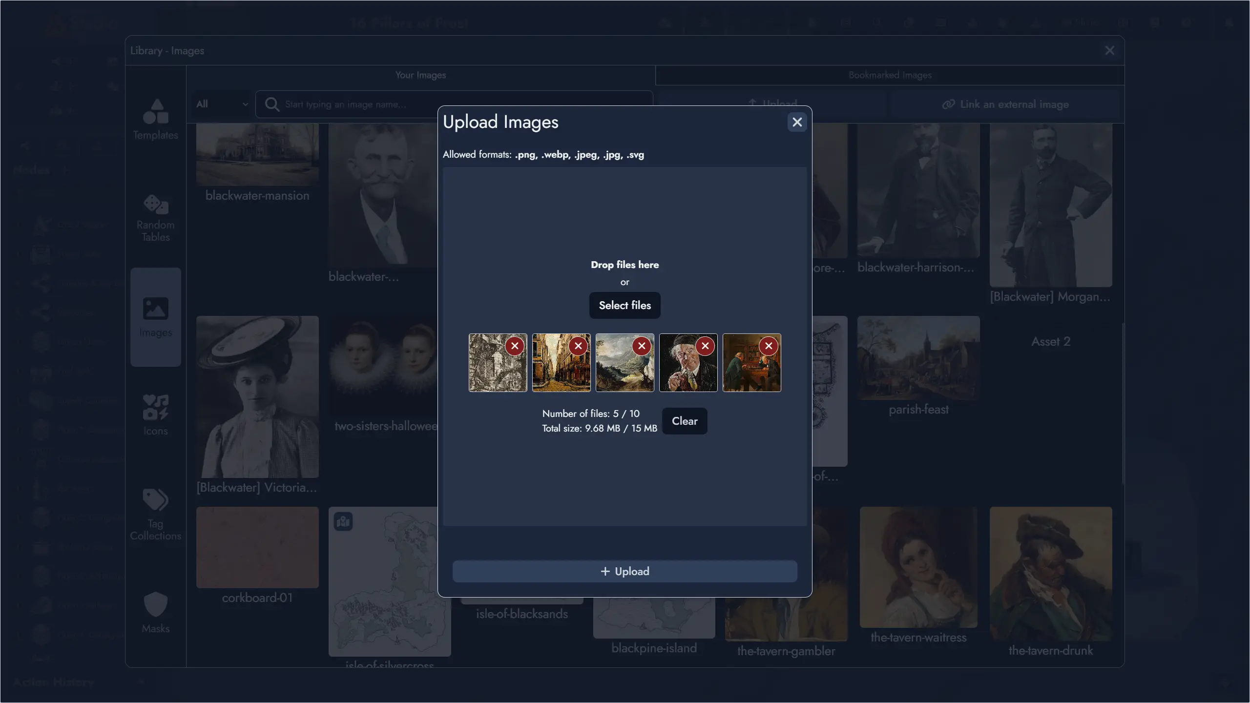 Image library panel showing a personal collection of uploaded campaign maps and character artwork